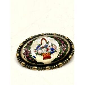 Vintage Goofus Glass Reverse Painting Flower on the Basket Brooch 1930's